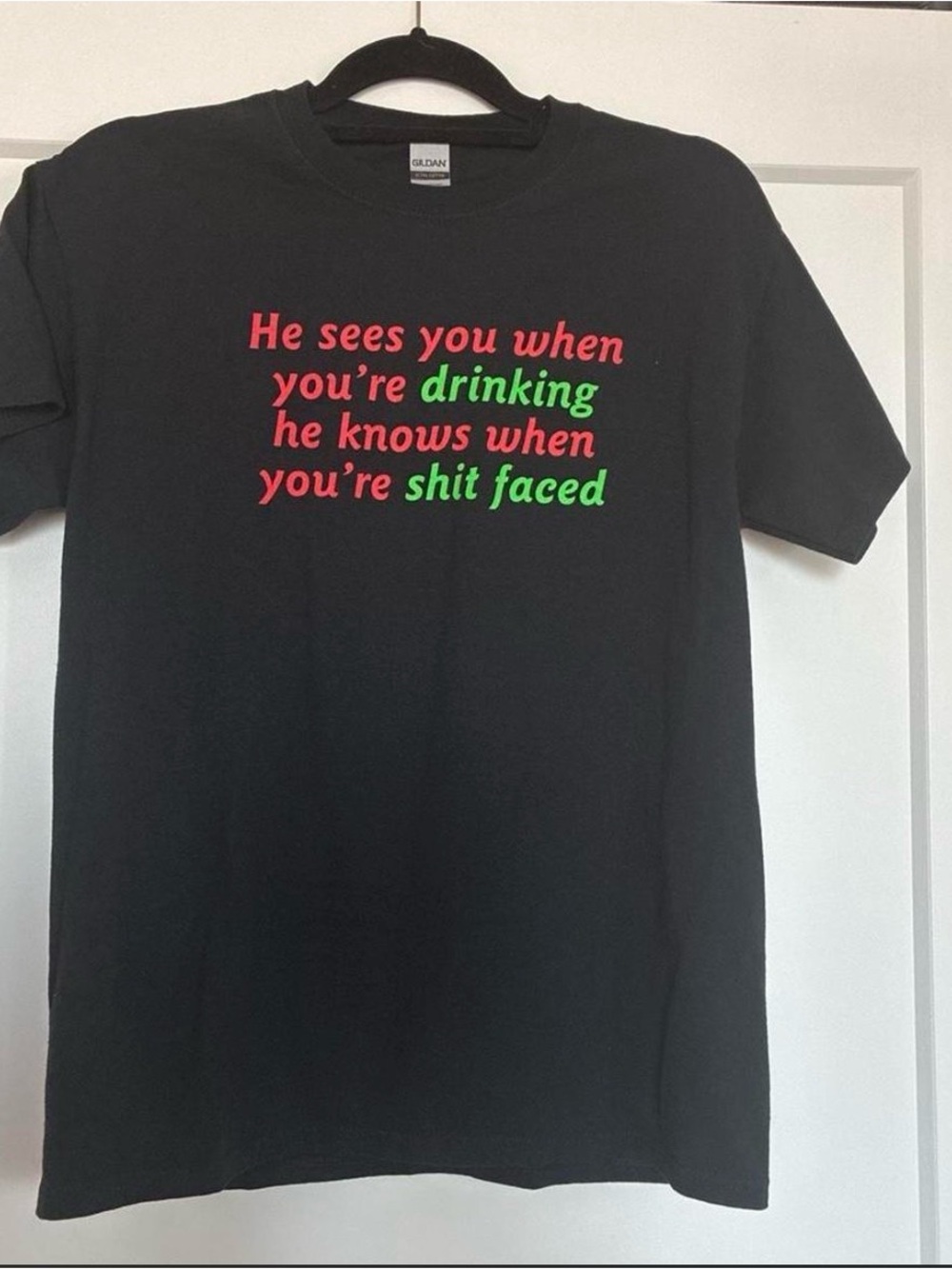 Holiday Black Short Sleeve Tee with Red and Green Text